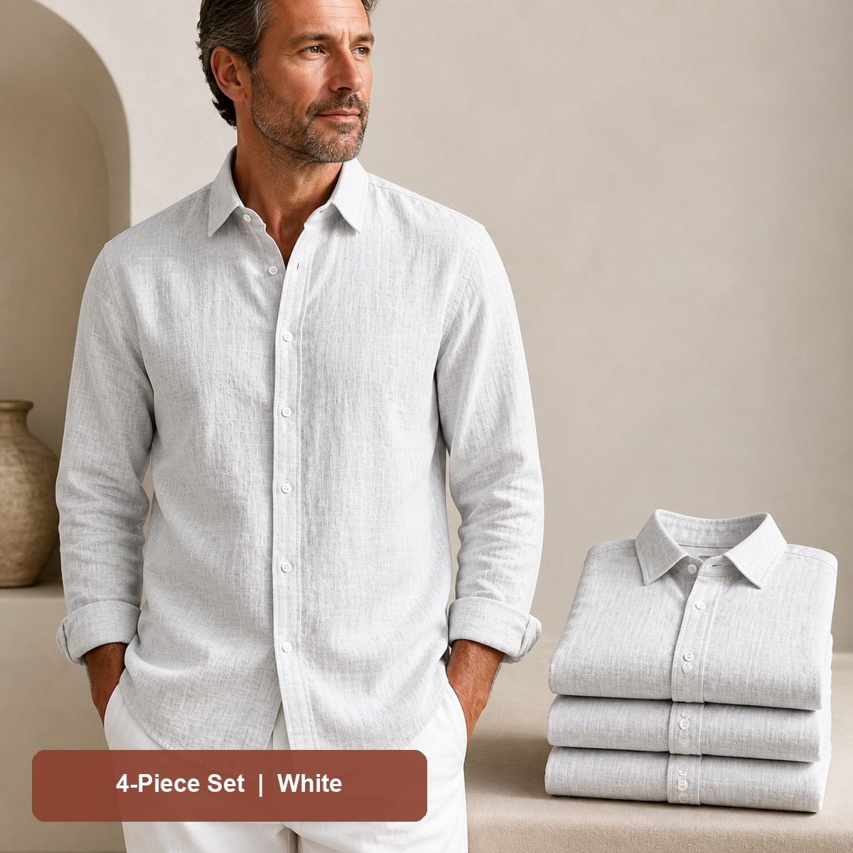 Men's Textured Long-Sleeve Button-Down Shirt in White, same-color pack