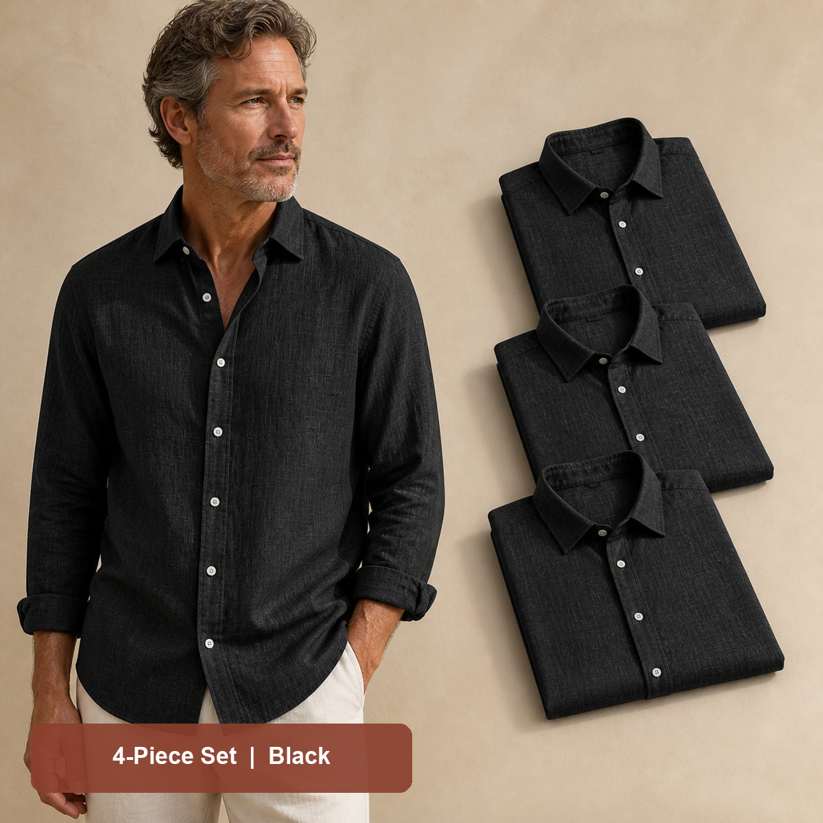 Men's Textured Long-Sleeve Button-Down Shirt in Black, same-color pack
