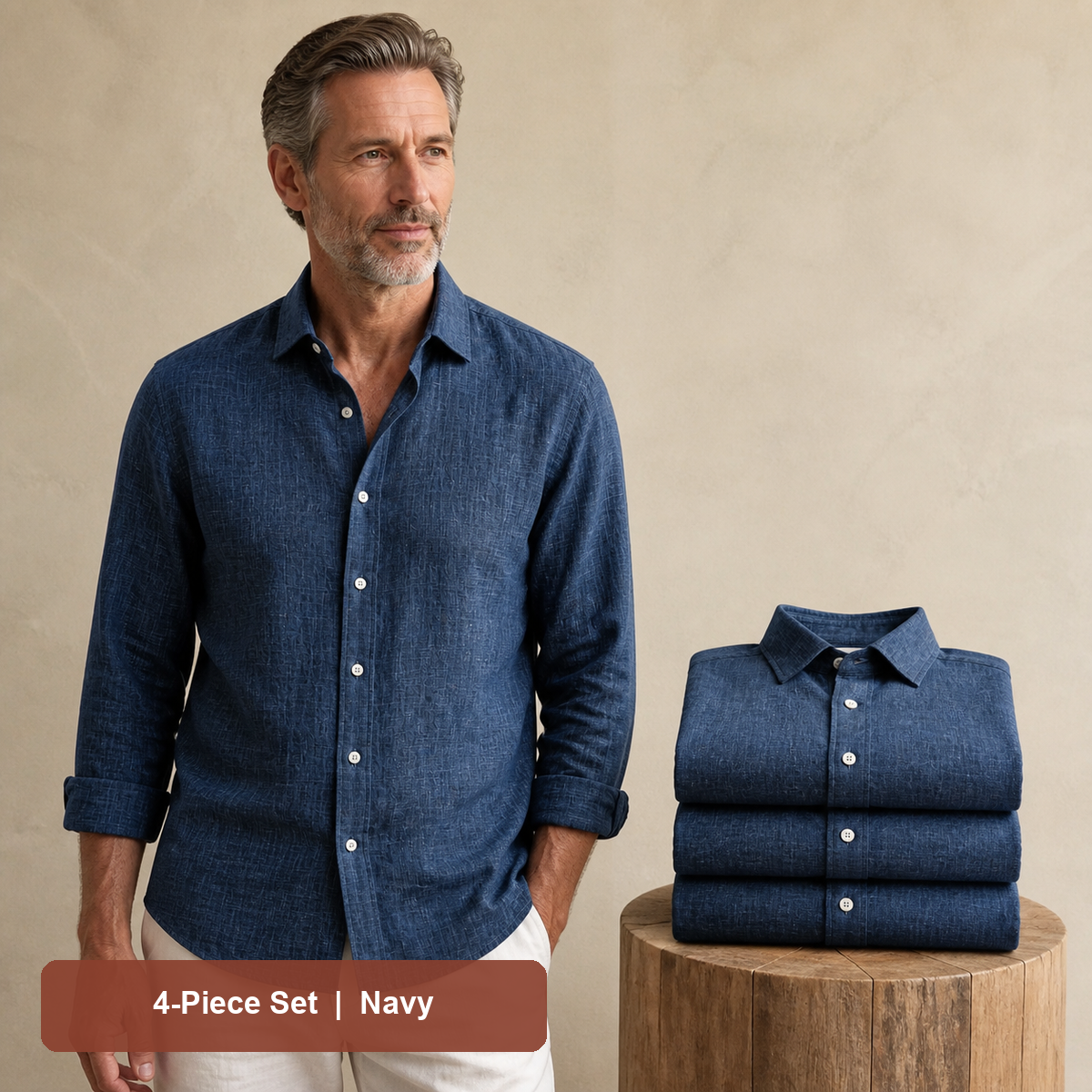 Men's Textured Long-Sleeve Button-Down Shirt in Navy, same-color pack