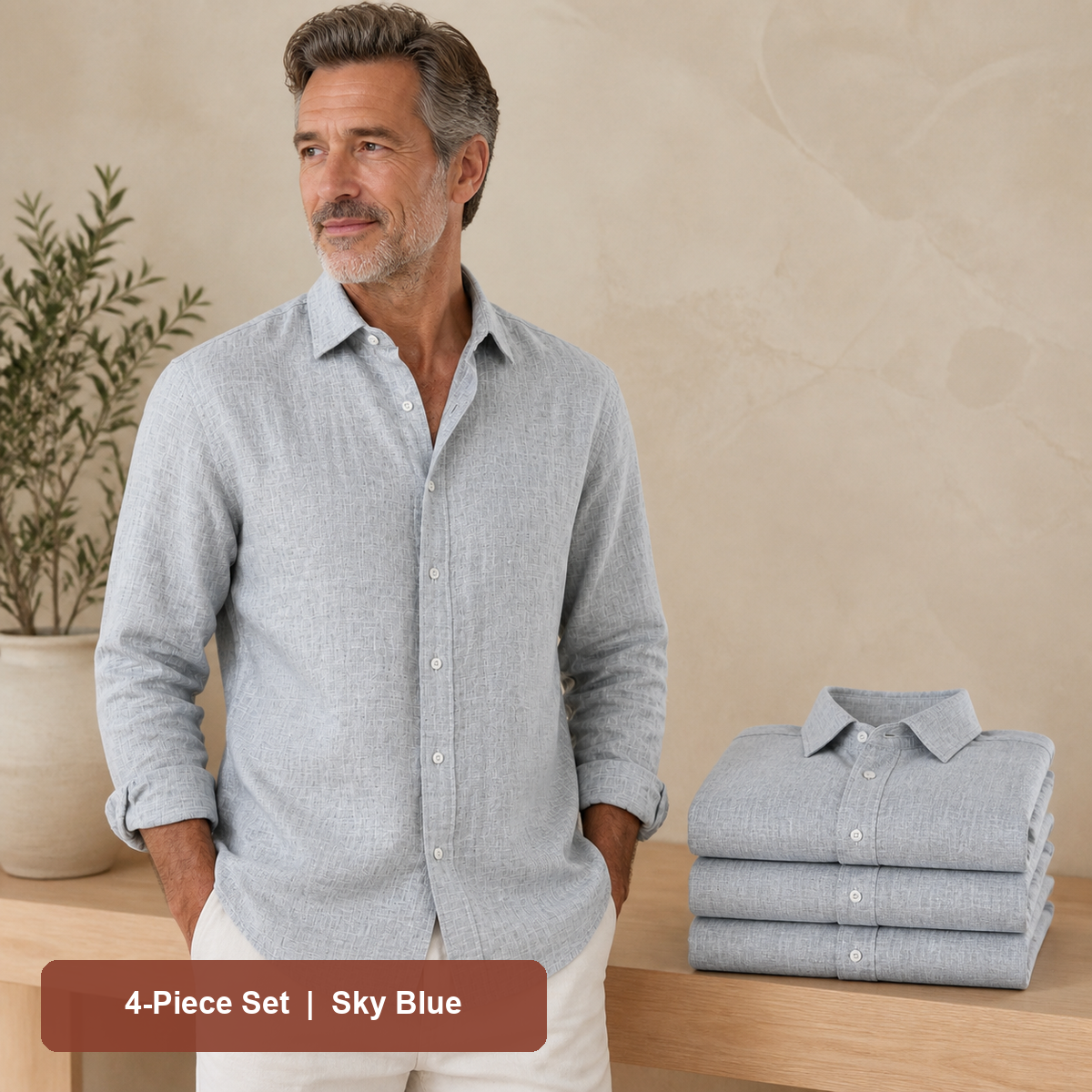 Men's Textured Long-Sleeve Button-Down Shirt in Sky Blue, same-color pack