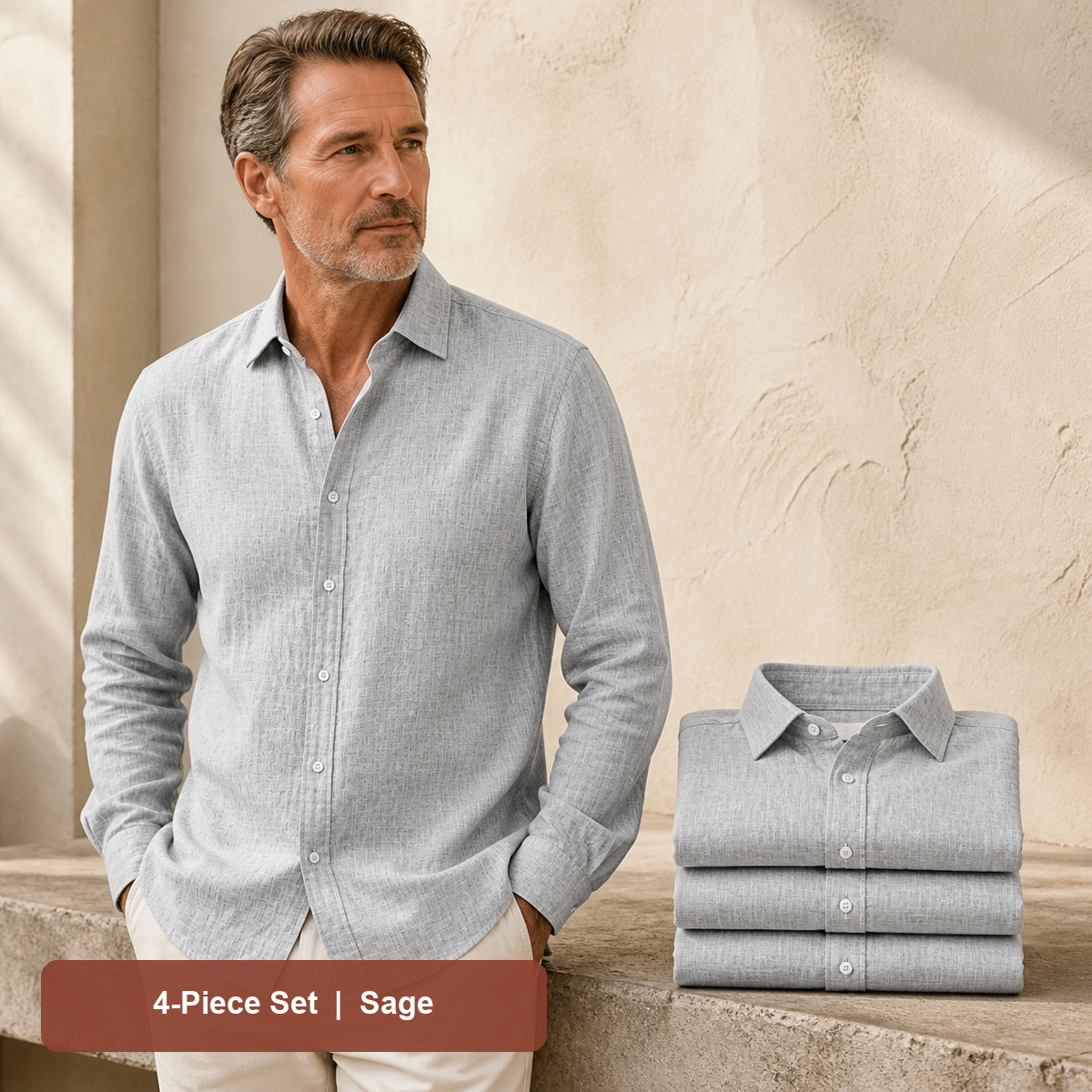 Men's Textured Long-Sleeve Button-Down Shirt in Sage, same-color pack