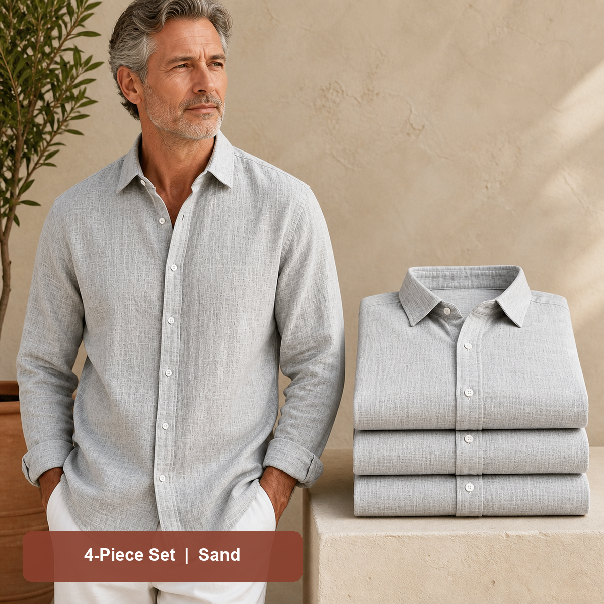 Men's Textured Long-Sleeve Button-Down Shirt in Sand, same-color pack