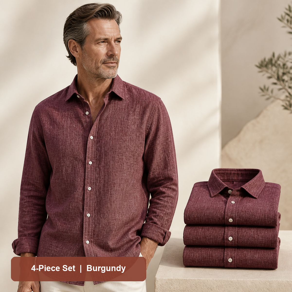 Men's Textured Long-Sleeve Button-Down Shirt in Burgundy, same-color pack