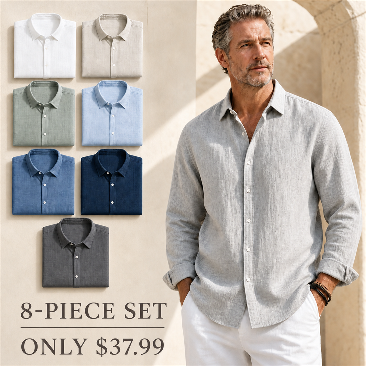 Men's eight-piece mixed-color textured shirt set