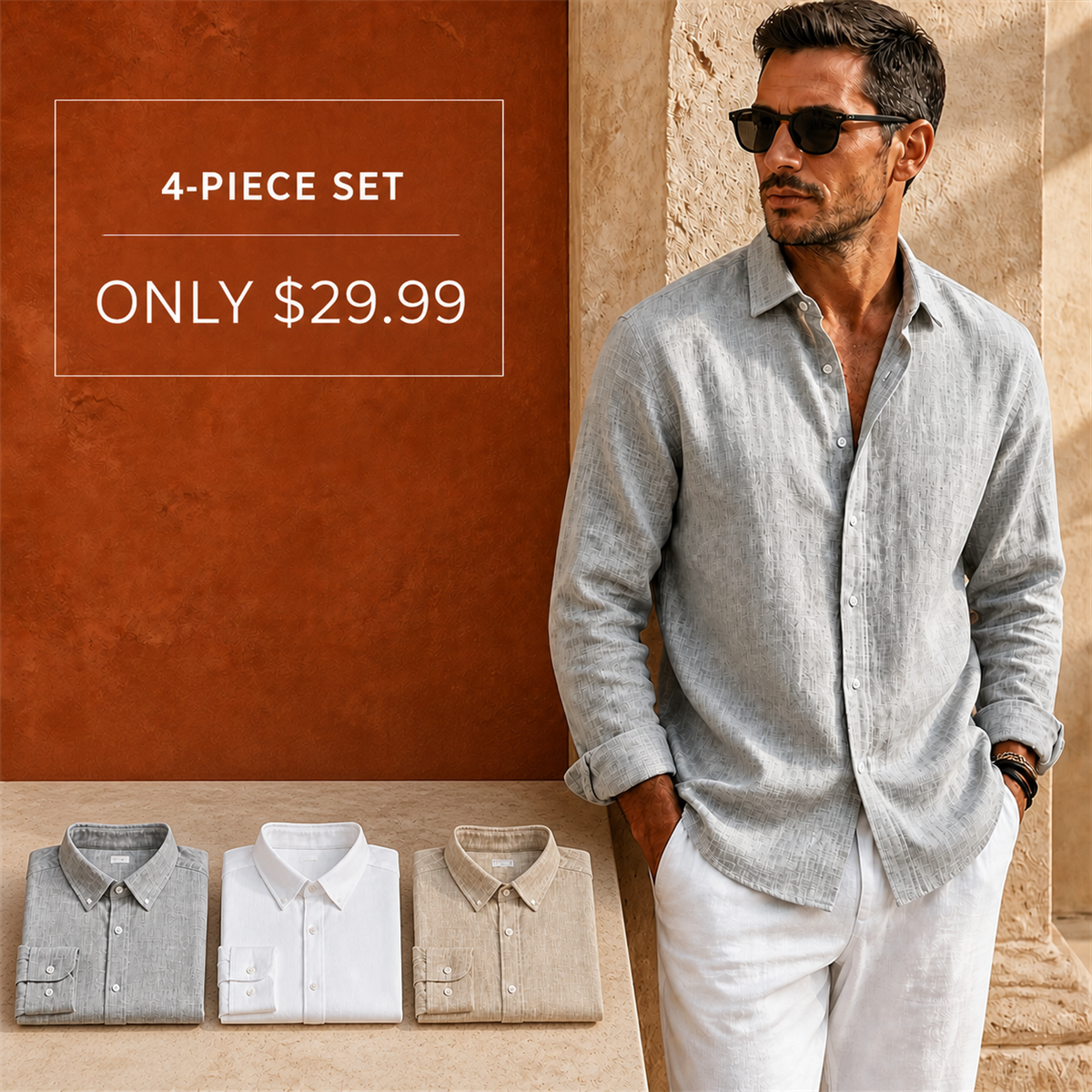 Men's four-piece neutral textured shirt set