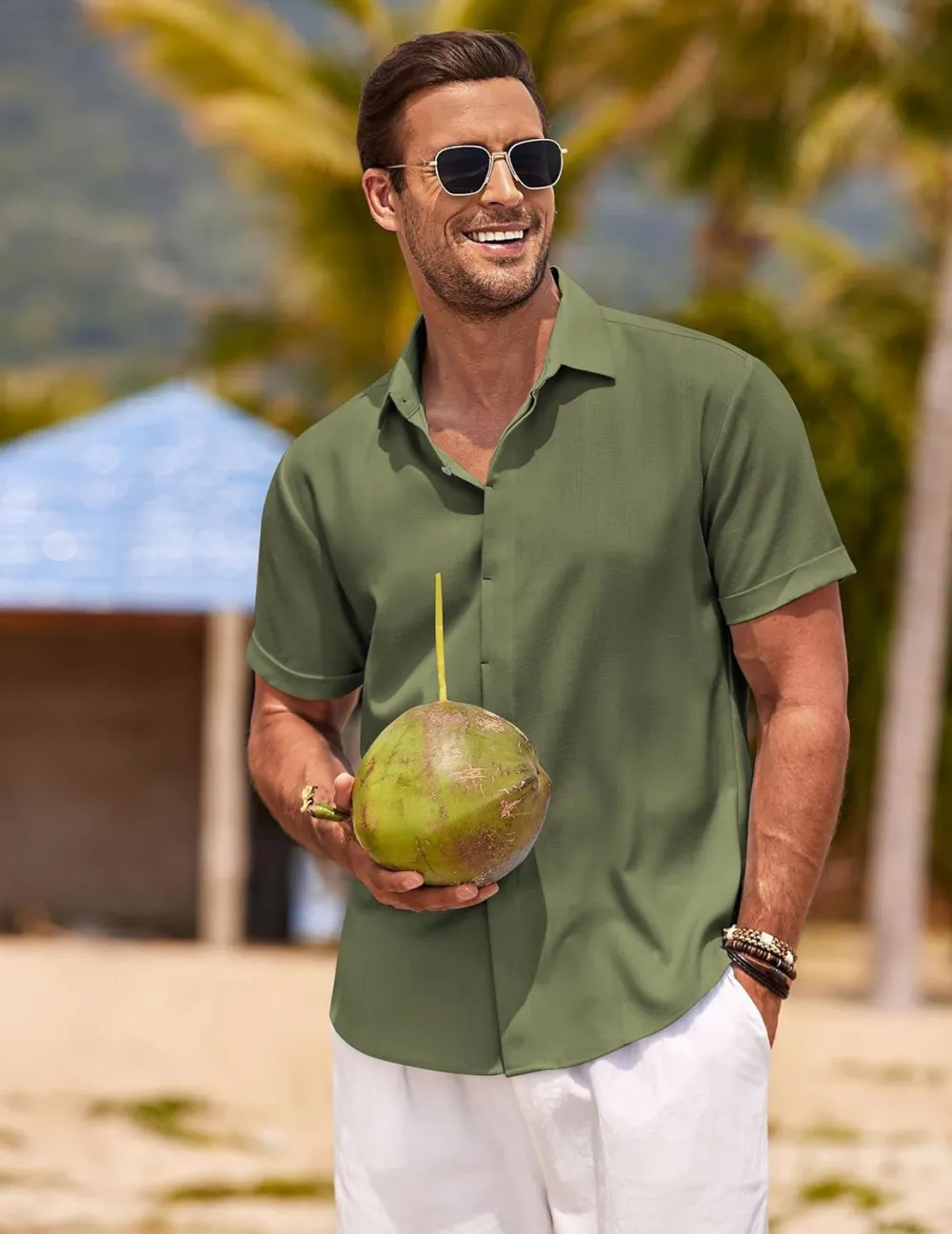 Men's Linen Shirts Short Sleeve Casual Shirts Button Down Shirt for Men Beach Summer Wedding Shirt