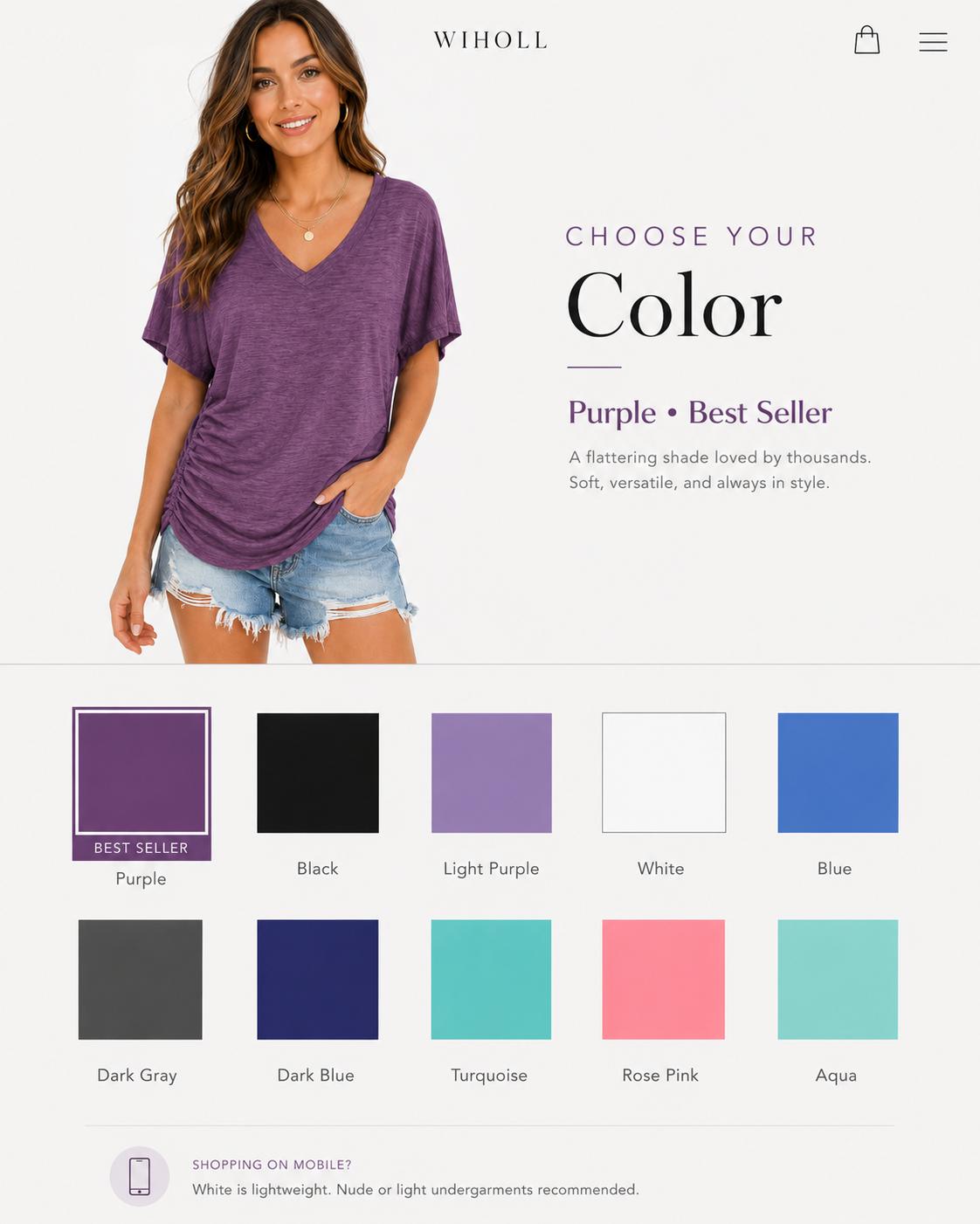WIHOLL SwimWeek Womens Short Sleeve V Neck Dolman Tops with Side Shirring Loose Fit Shirts