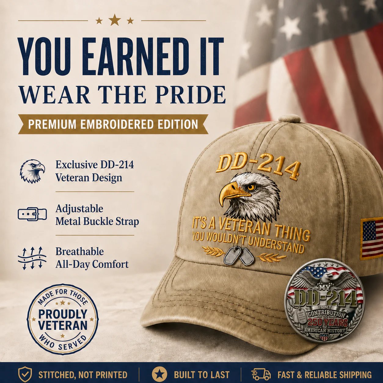 DD-214 Veteran 3D Embroidered Cap - “IT'S A VETERAN THING YOU WOULDN'T UNDERSTAND”🎁 Free Honor Coin With Every Cap Purchase