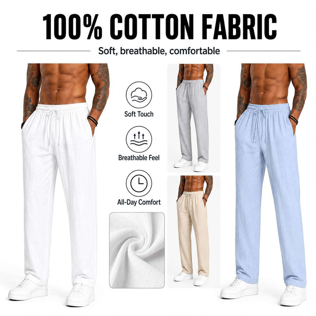 3-pack men&rsquo;s casual pants, 100% cotton-linen comfortable, soft, breathable, lightweight drawstring pants with pockets, suitable for summer everyday wear, sports, leisure, and outdoor beach activities.