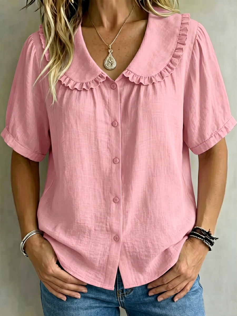 8 Pack Only$32.99-🔥 Women's Ruffle Trim Collared Button-Up Short Sleeve Shirt