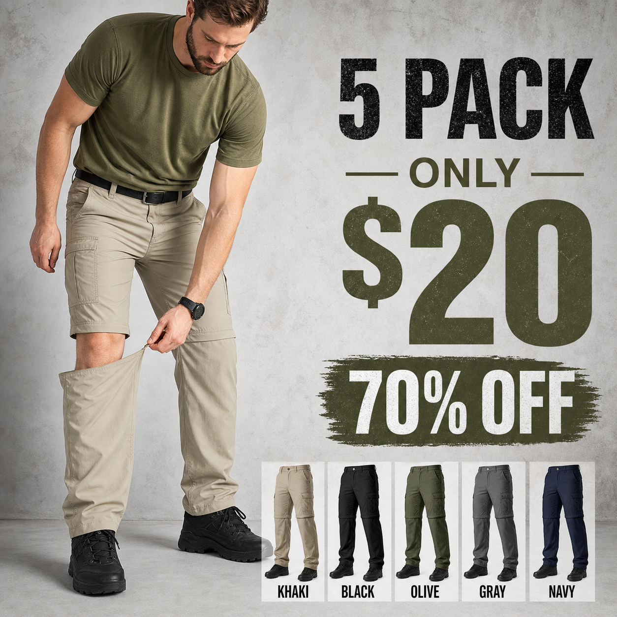 5 pack only 20 dollars men's convertible hiking pants