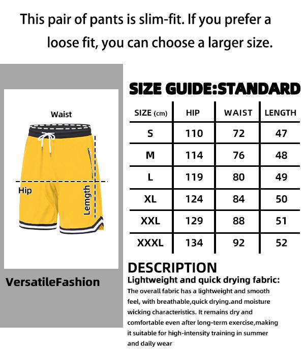 Men&rsquo;s casual athletic shorts with zippered pockets, breathable polyester fiber, elastic waistband, available in multiple colors; basketball shorts and sportswear suitable for running, training, and fitness.