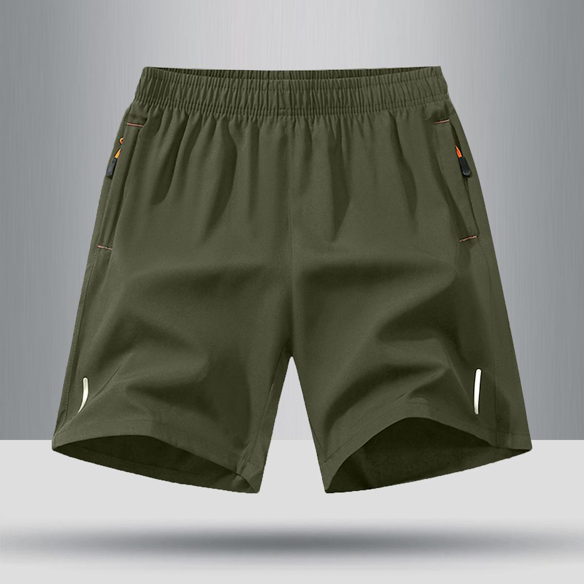 Men’s solid-color shorts with zippered pockets — summer casual, comfortable, breathable shorts made from a 97% polyester + 3% spandex blend; men’s bottoms for everyday wear, tropical beige color, multiple specifications available.