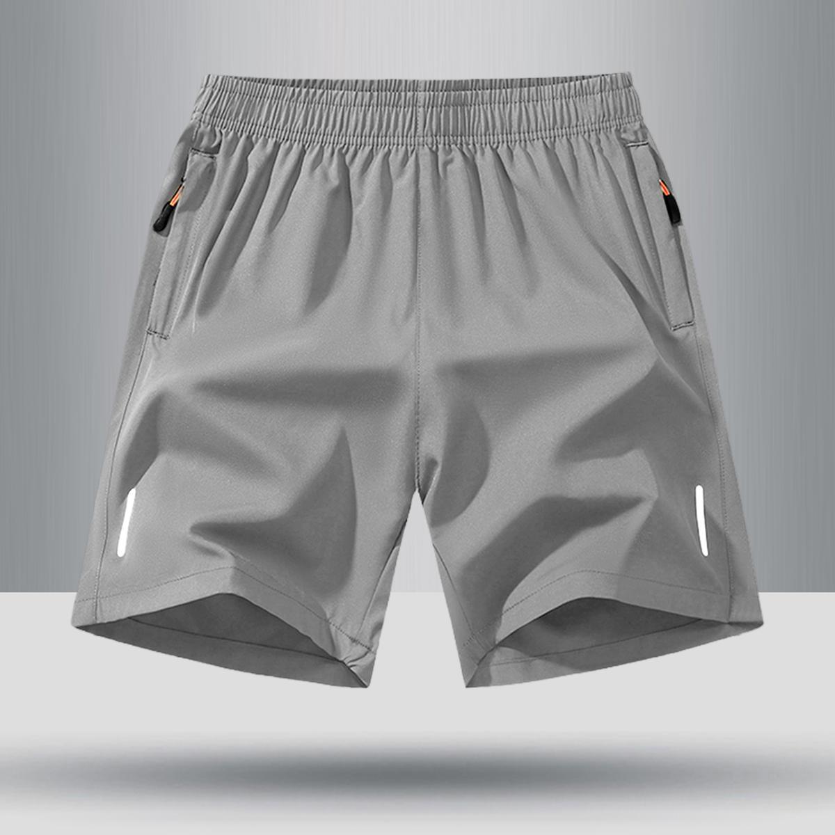 Men’s solid-color shorts with zippered pockets — summer casual, comfortable, breathable shorts made from a 97% polyester + 3% spandex blend; men’s bottoms for everyday wear, tropical beige color, multiple specifications available.