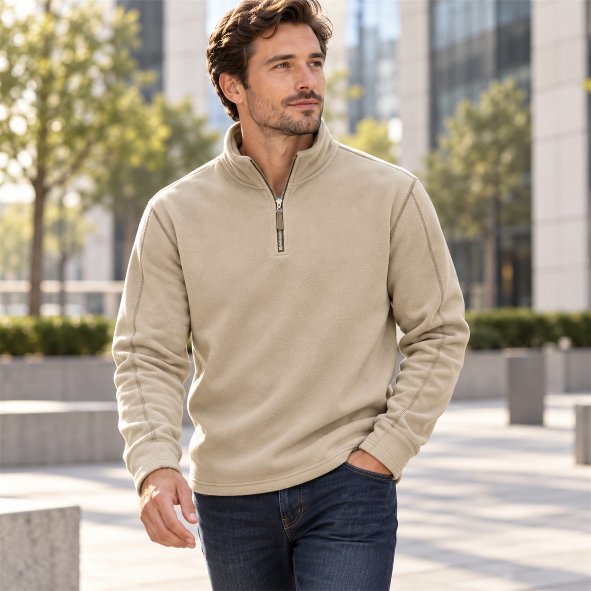 Mens Quarter-Zip Pullover detail - Beige