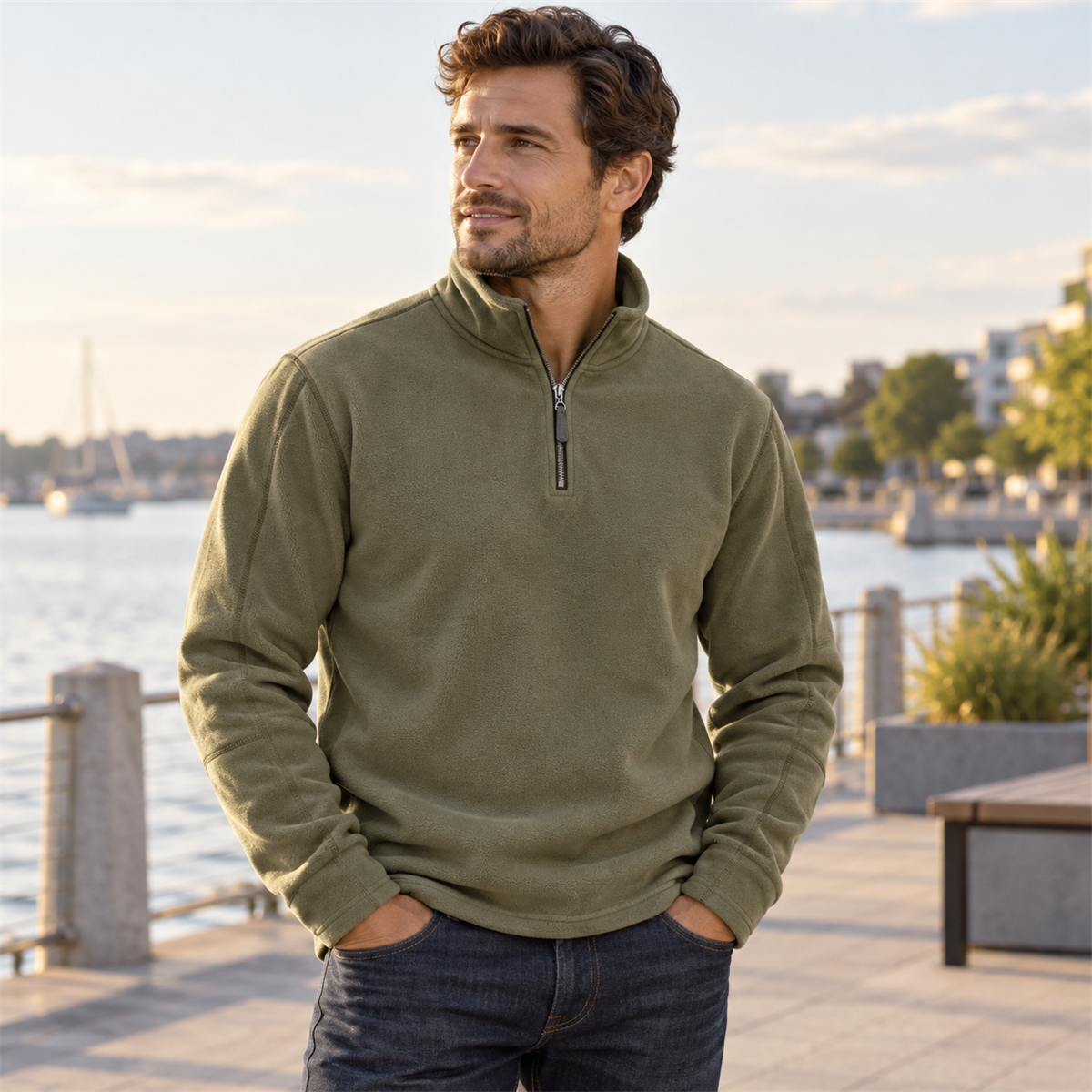 Mens Quarter-Zip Pullover detail - Olive