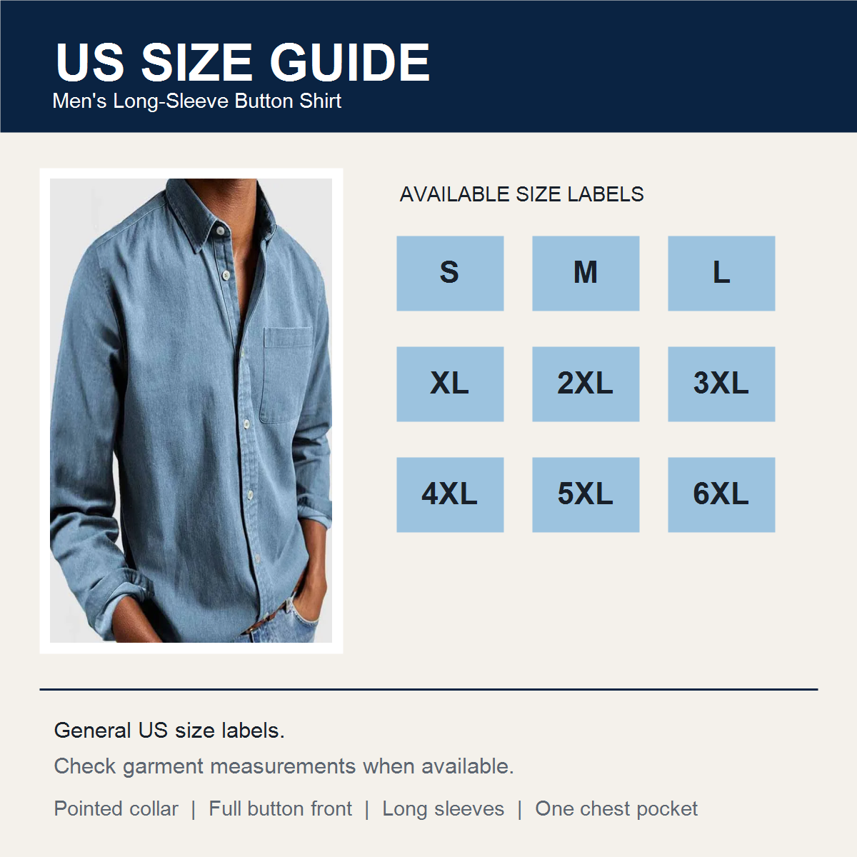 Mens Long-Sleeve Button-Front Shirt detail - desc-10-us-size-guide