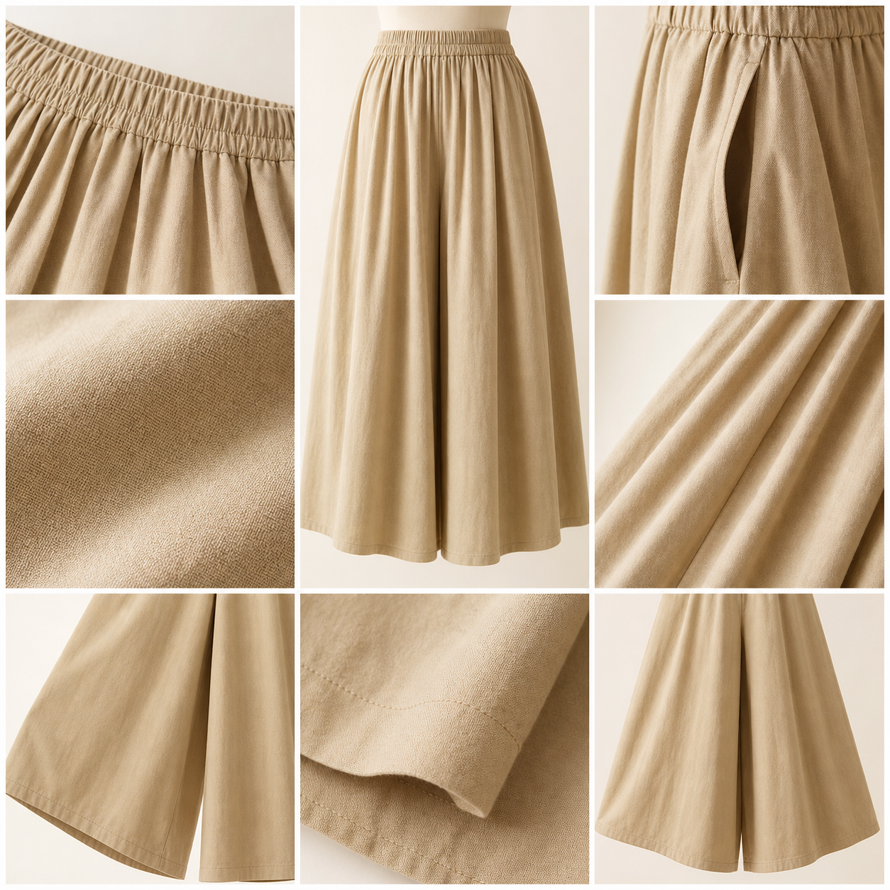 Women's culotte skirt elastic waistband pockets fabric and hem detail collage