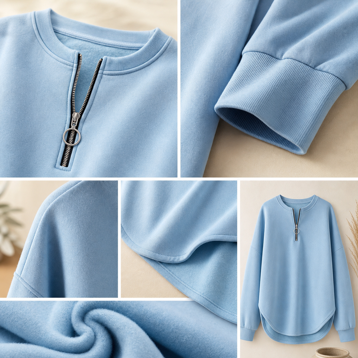 Half zip ring pull ribbed cuff curved hem fleece detail collage