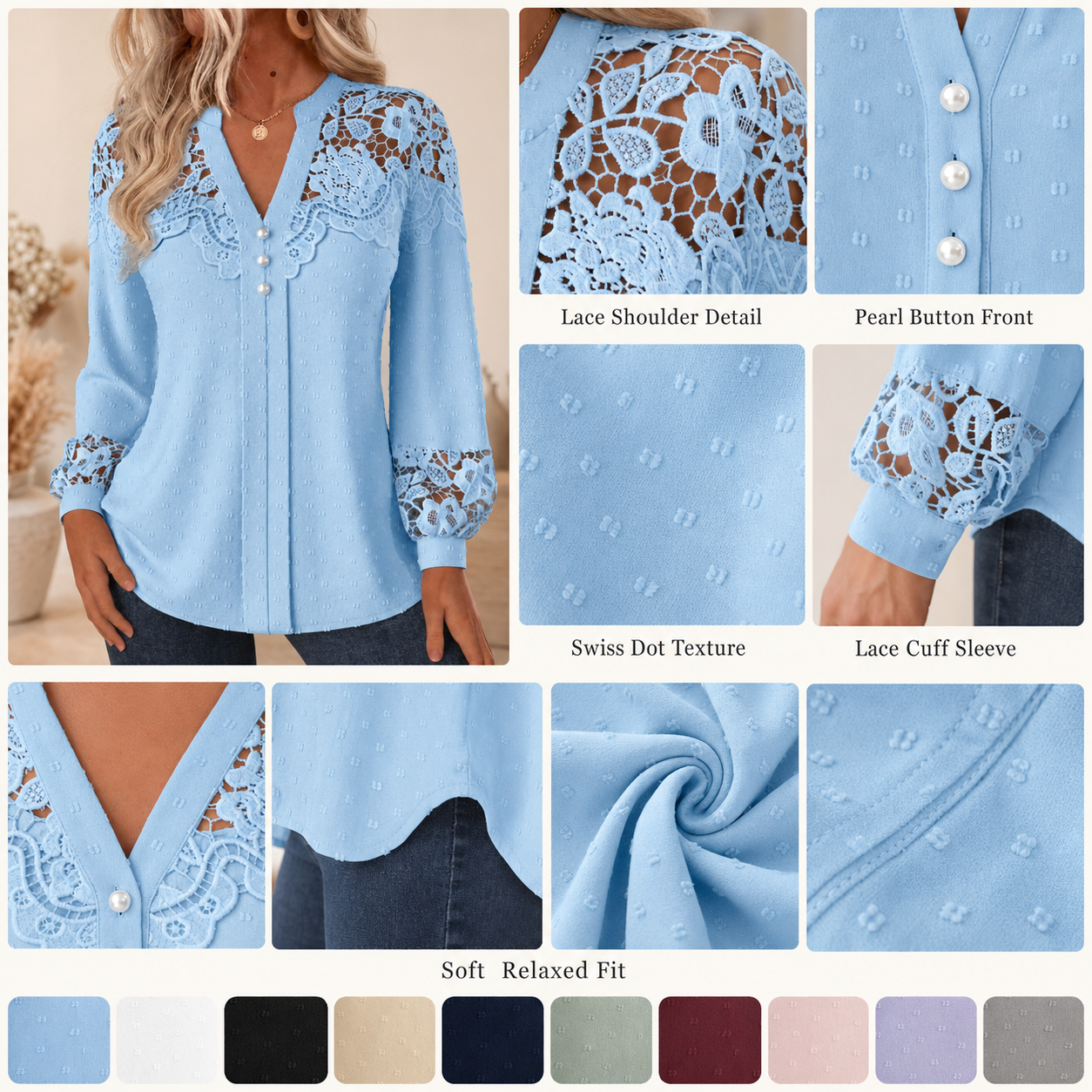 Women's lace panel Swiss dot blouse lace shoulder cuff pearl button and fabric details