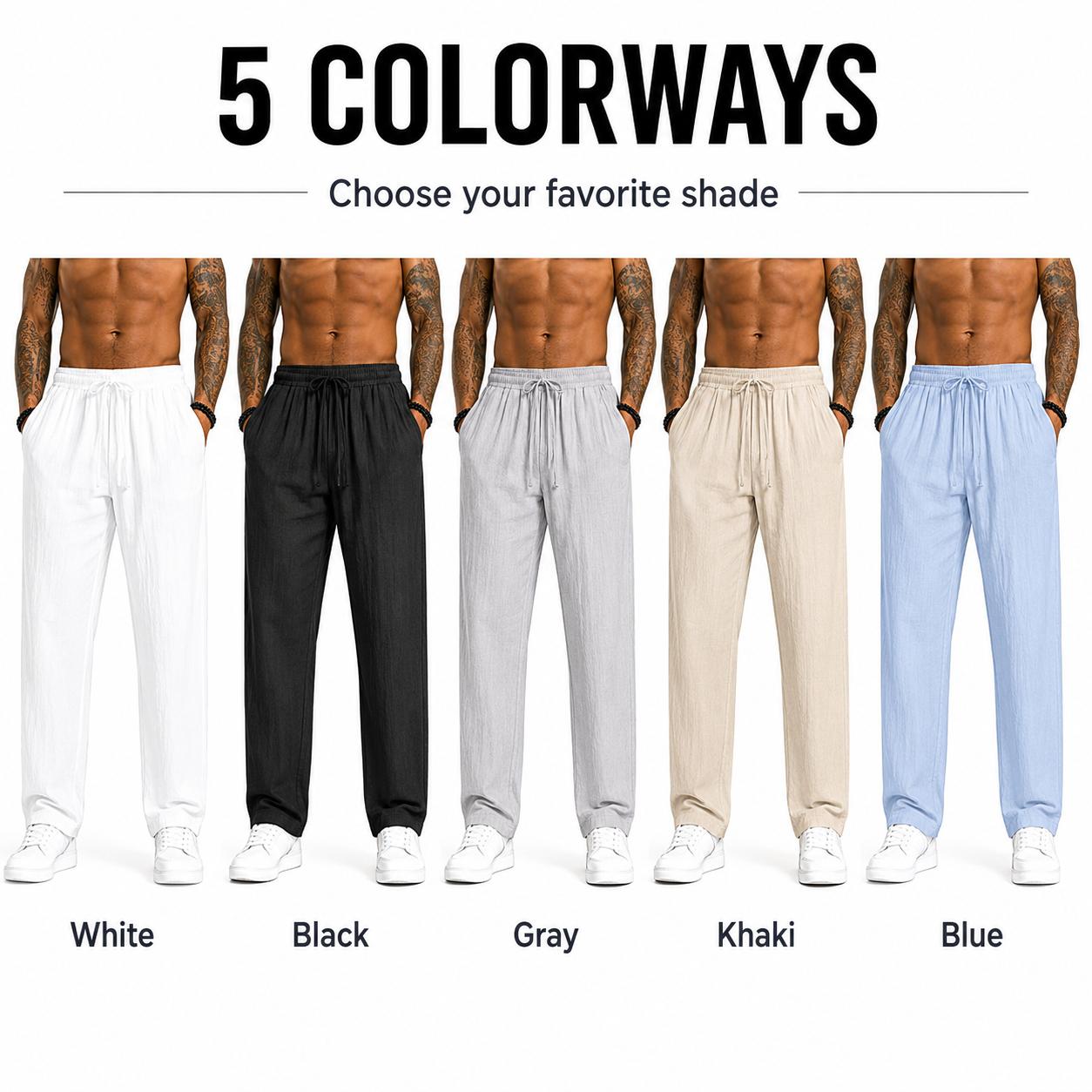 3-pack men&rsquo;s casual pants, 100% cotton-linen comfortable, soft, breathable, lightweight drawstring pants with pockets, suitable for summer everyday wear, sports, leisure, and outdoor beach activities.