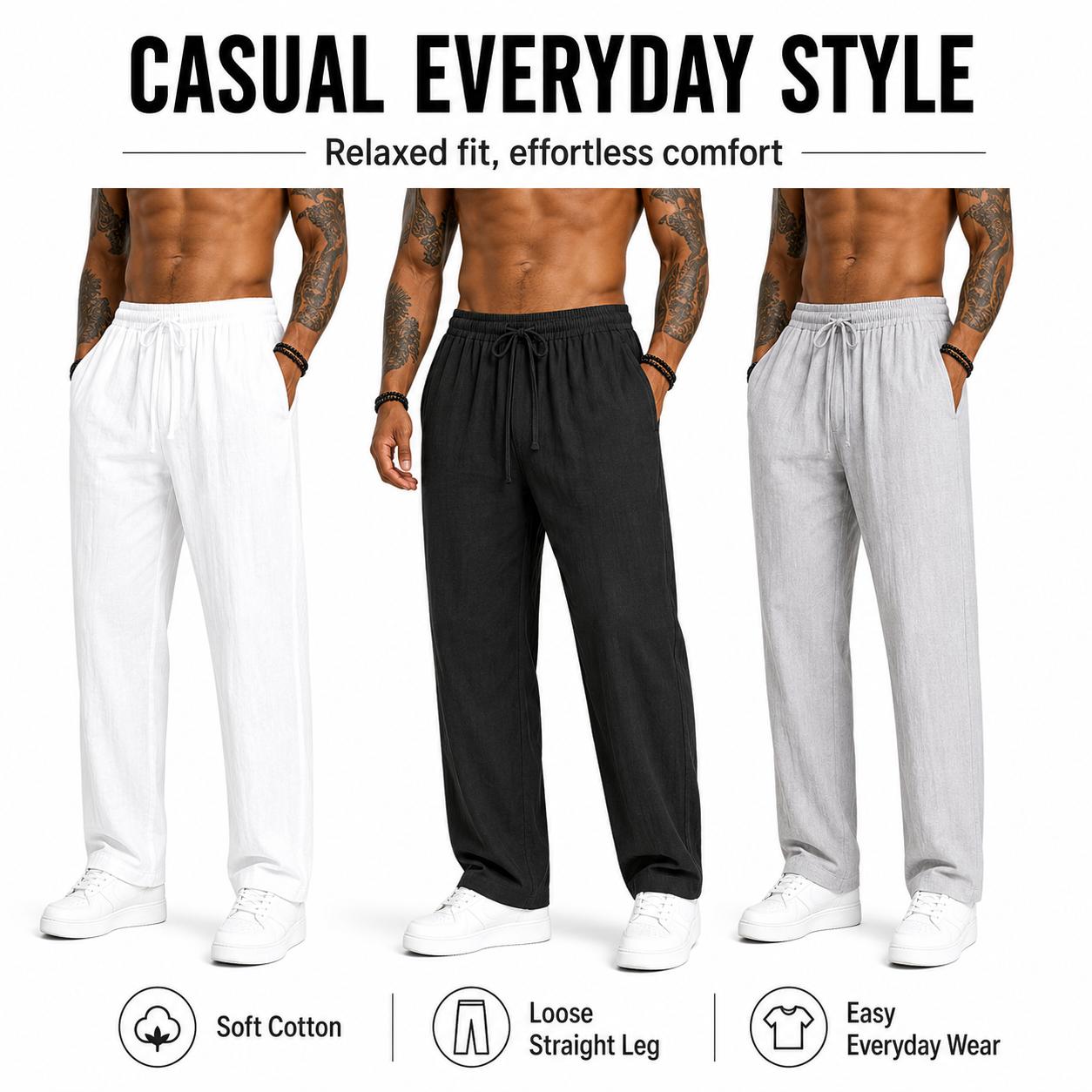 3-pack men&rsquo;s casual pants, 100% cotton-linen comfortable, soft, breathable, lightweight drawstring pants with pockets, suitable for summer everyday wear, sports, leisure, and outdoor beach activities.