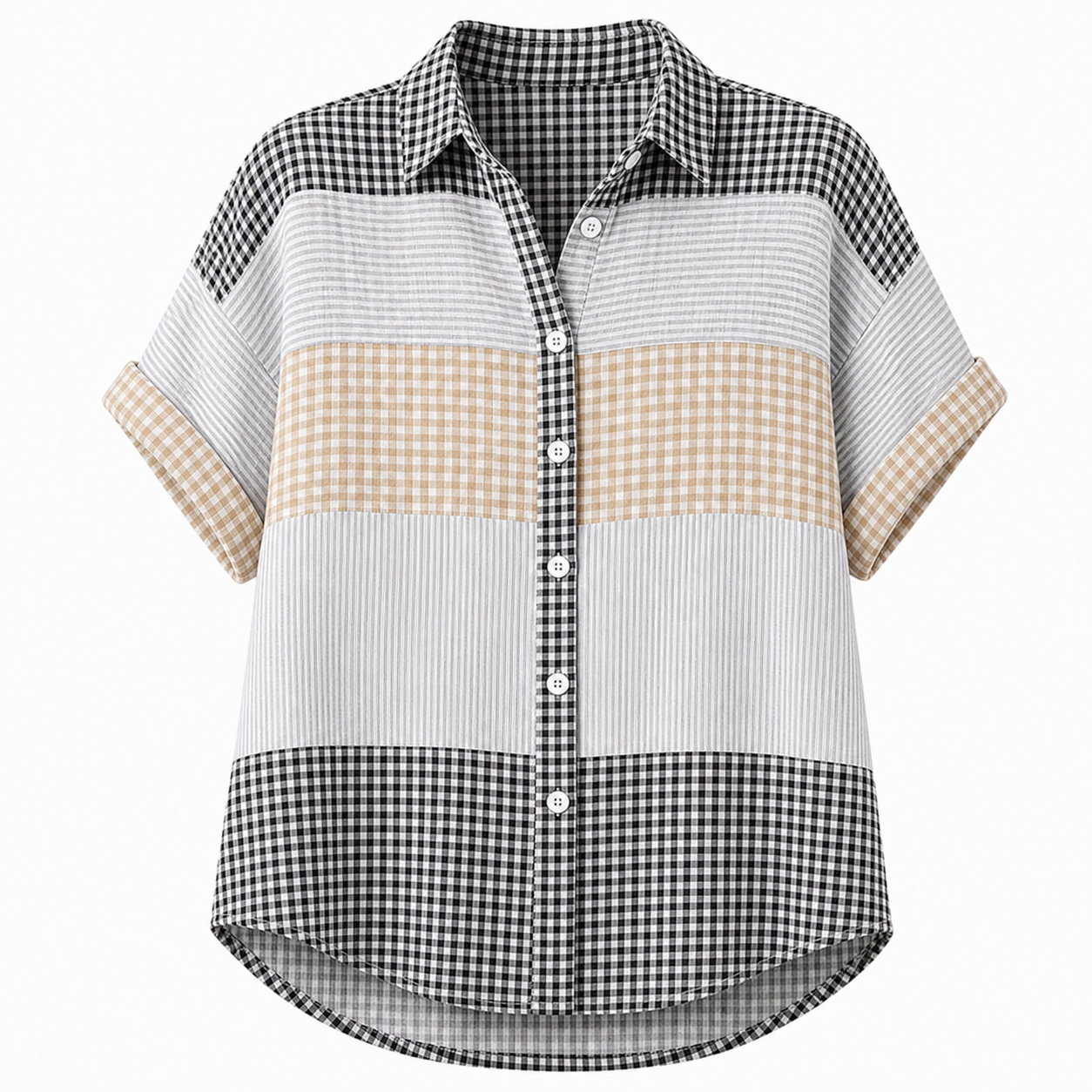 🔥CLEARANCE SALE🔥 Women's Patchwork Gingham Button-Up Shirt - Black White Tan
