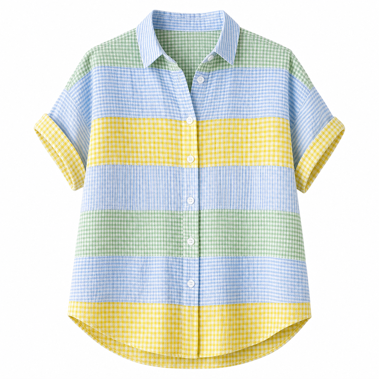 🔥CLEARANCE SALE🔥 Women's Patchwork Gingham Button-Up Shirt - Blue Yellow Green