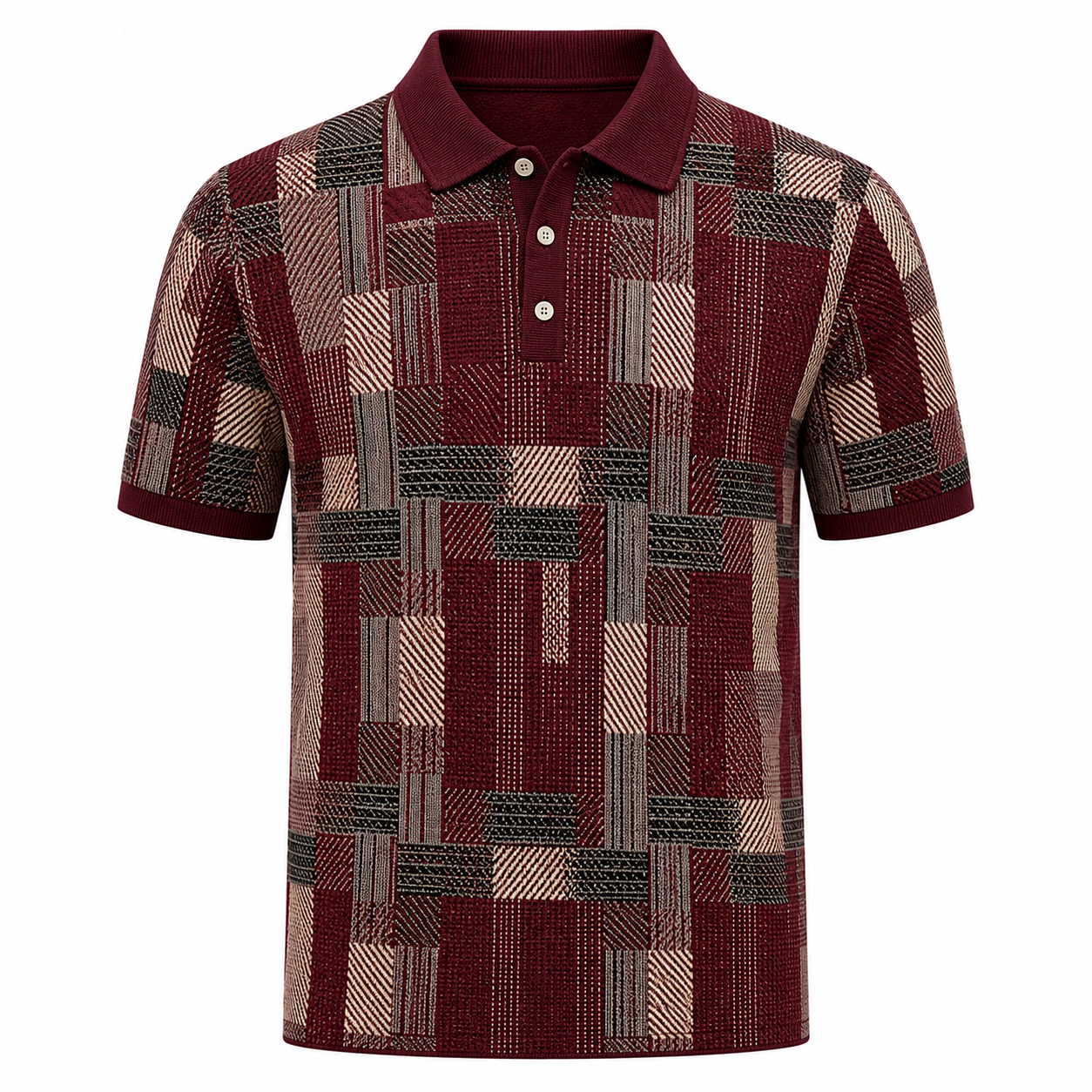 🔥CLEARANCE SALE🔥 Geometric Jacquard Knit Polo Shirt - Burgundy Wine