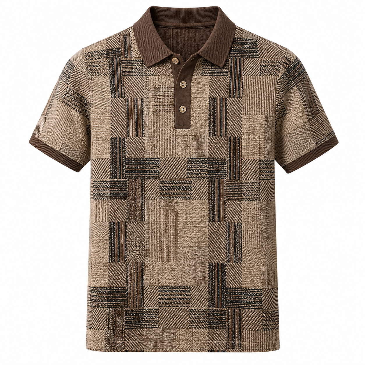 🔥CLEARANCE SALE🔥 Geometric Jacquard Knit Polo Shirt - Coffee Brown