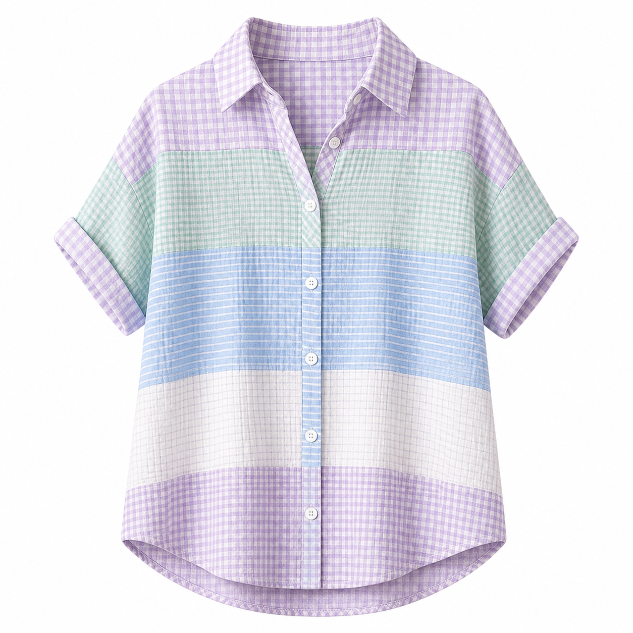 🔥CLEARANCE SALE🔥 Women's Patchwork Gingham Button-Up Shirt - Lavender Mint Blue