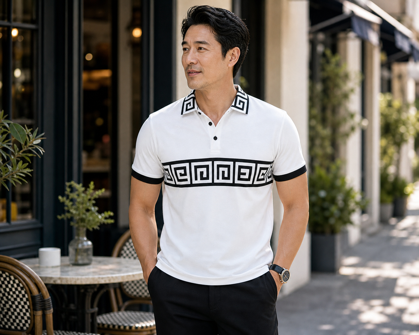 🔥CLEARANCE SALE🔥 Greek Key Contrast Polo Shirt - Asian Model