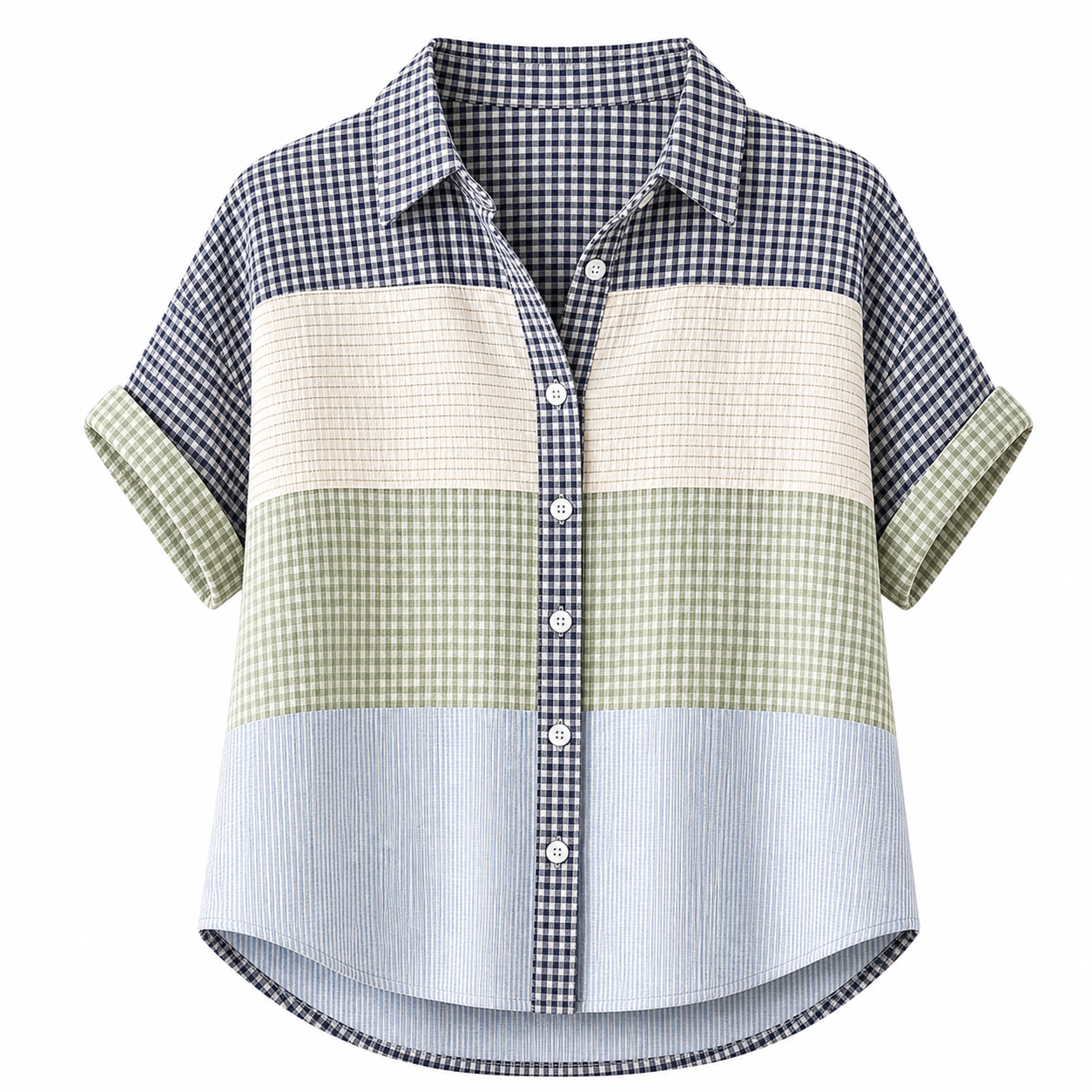 🔥CLEARANCE SALE🔥 Women's Patchwork Gingham Button-Up Shirt - Navy Cream Sage