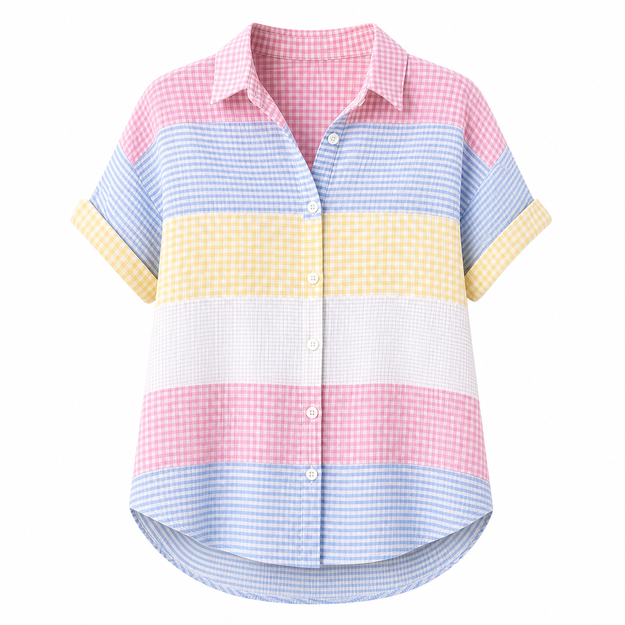 🔥CLEARANCE SALE🔥 Women's Patchwork Gingham Button-Up Shirt - Pink Blue Yellow