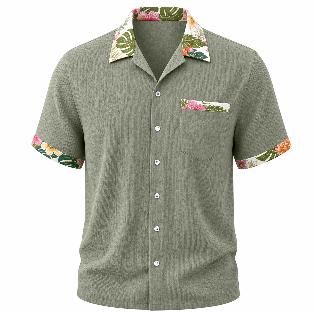 🔥CLEARANCE SALE🔥 Tropical Trim Short Sleeve Shirt - Sage