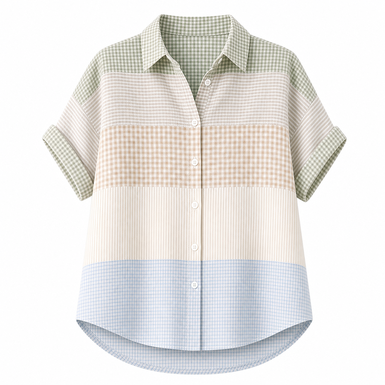 🔥CLEARANCE SALE🔥 Women's Patchwork Gingham Button-Up Shirt - Sage Khaki Cream