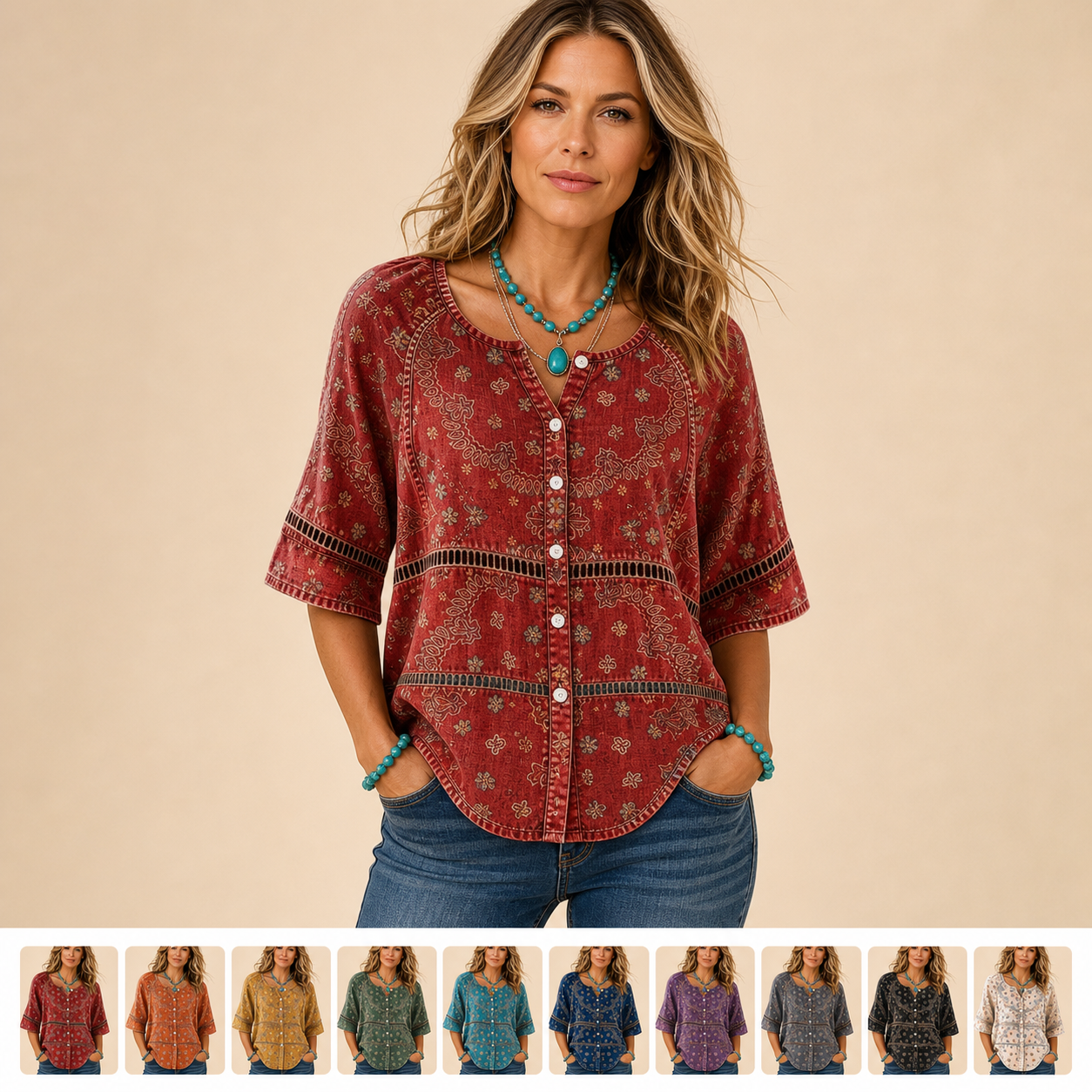 Women's western boho paisley button top model