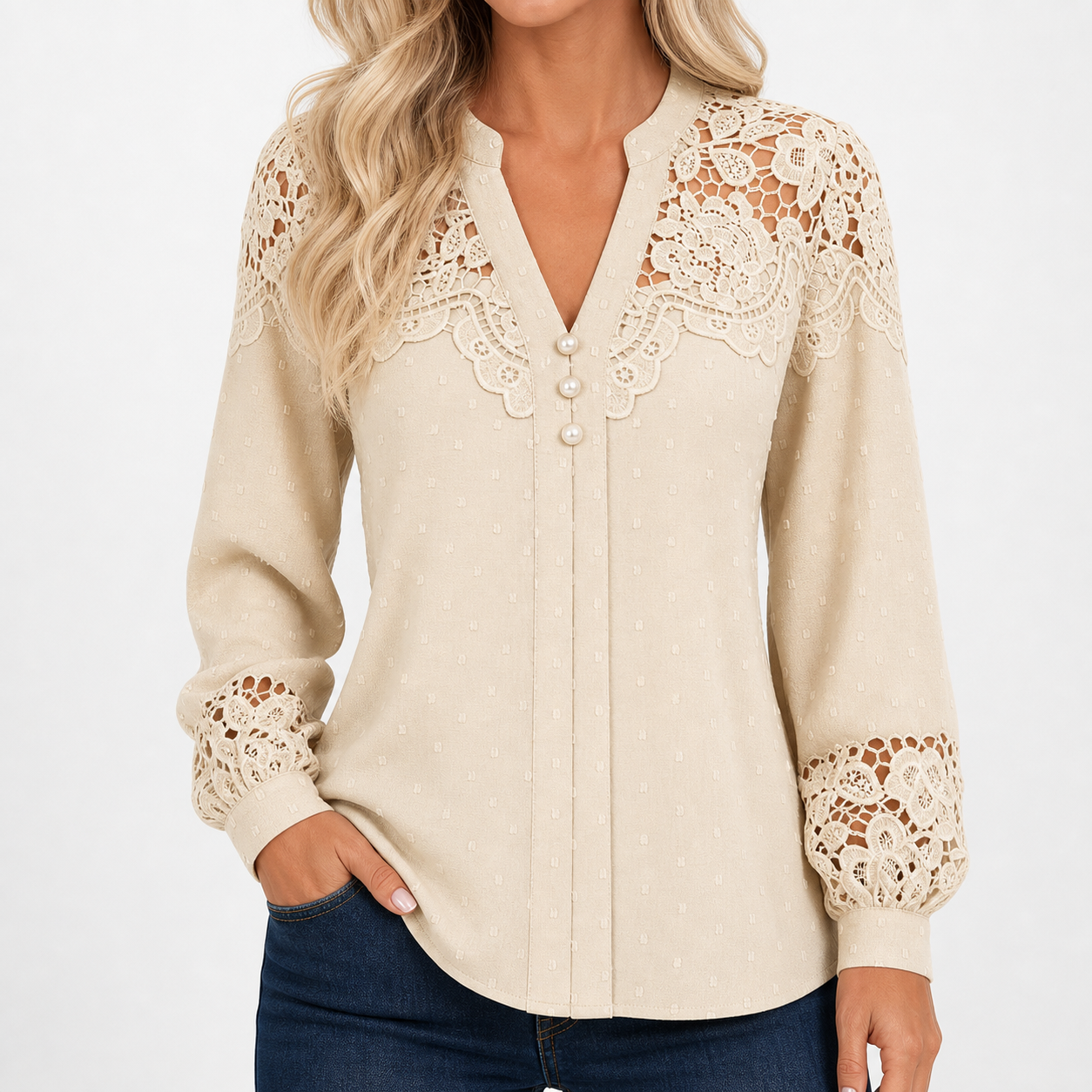 Beige women's lace panel Swiss dot blouse