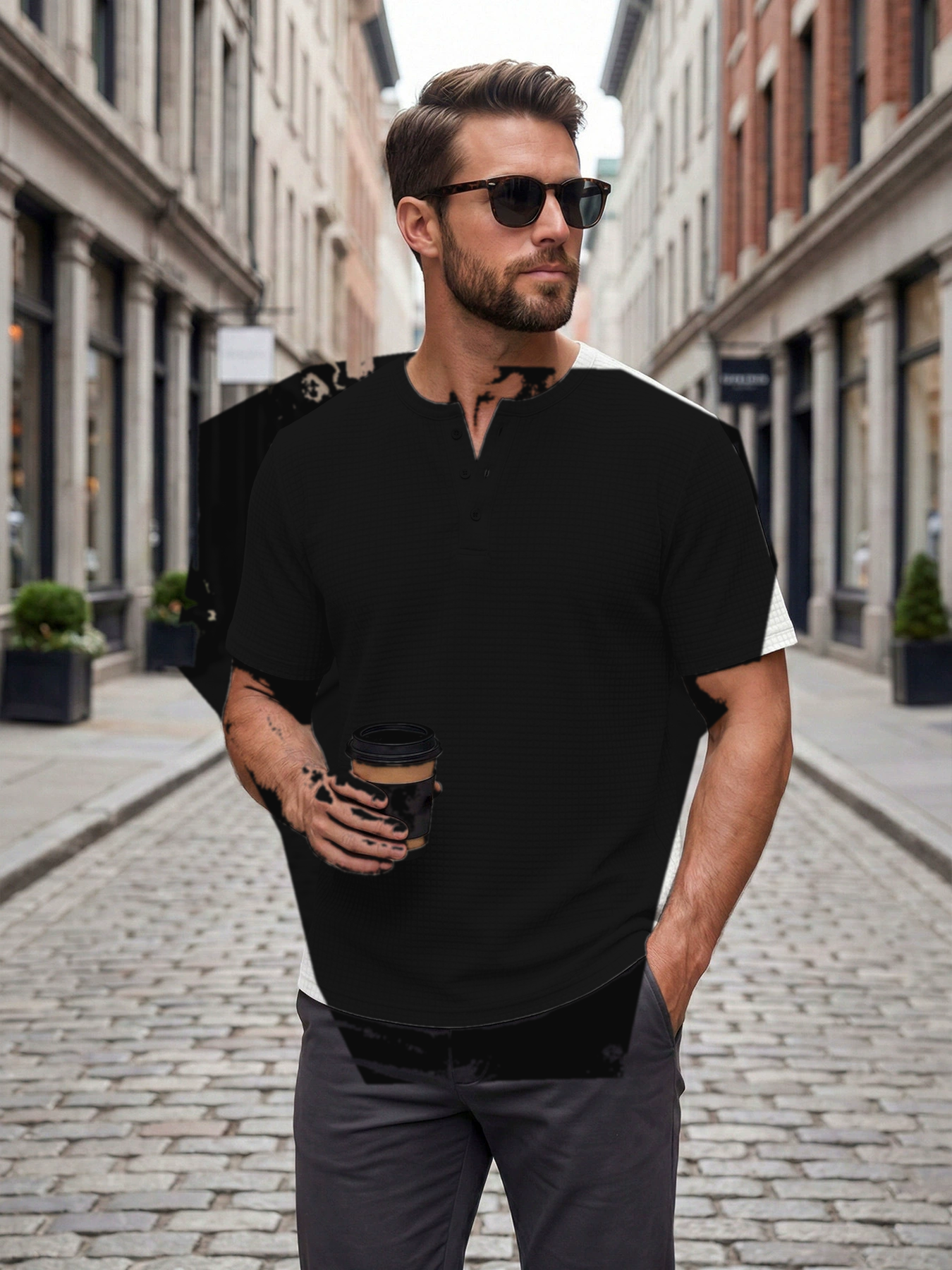 Black men's waffle knit short sleeve henley tee