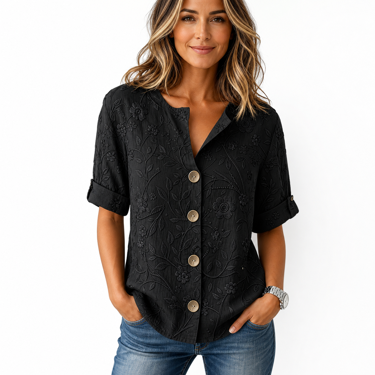 Black women's embossed floral button shirt