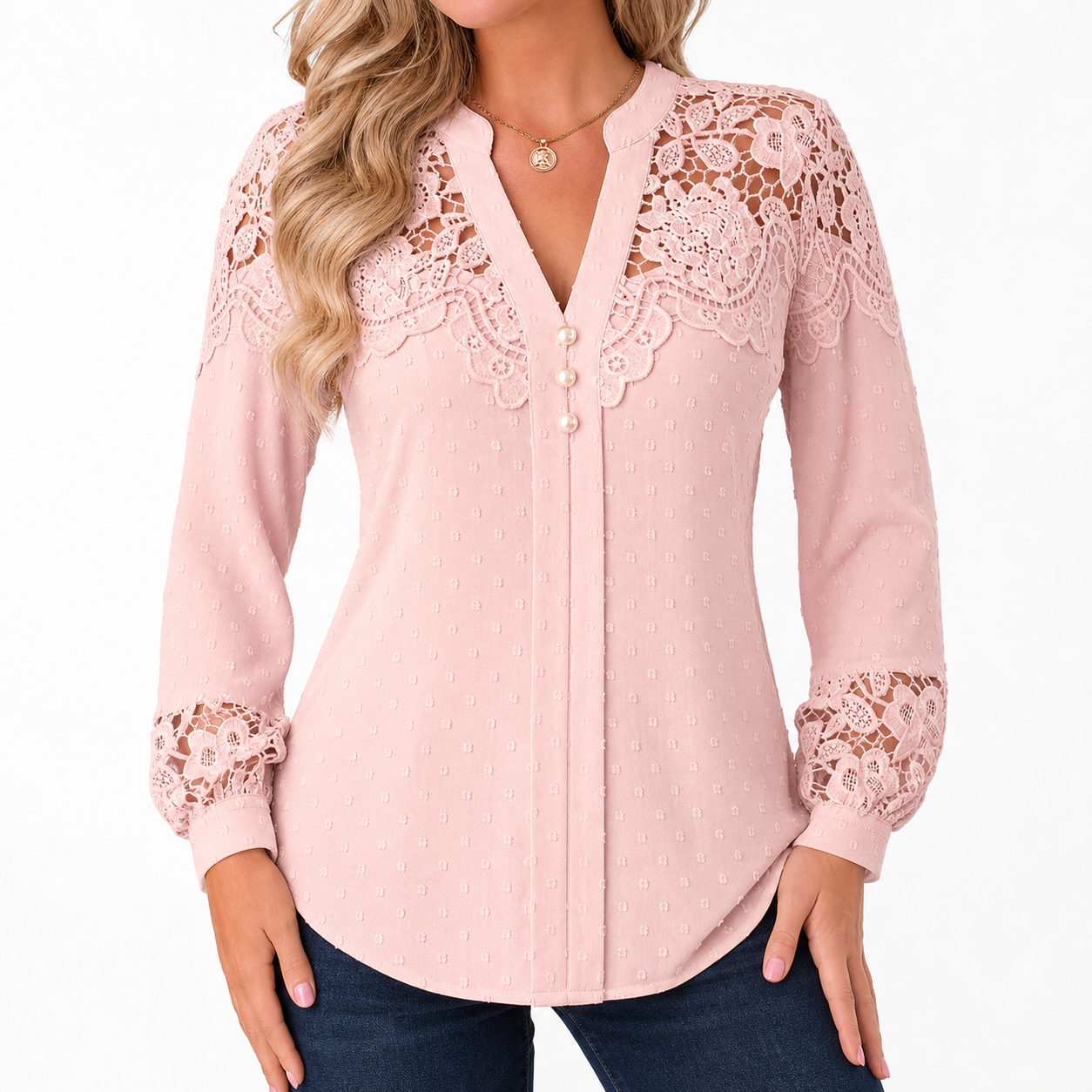 Blush Pink women's lace panel Swiss dot blouse