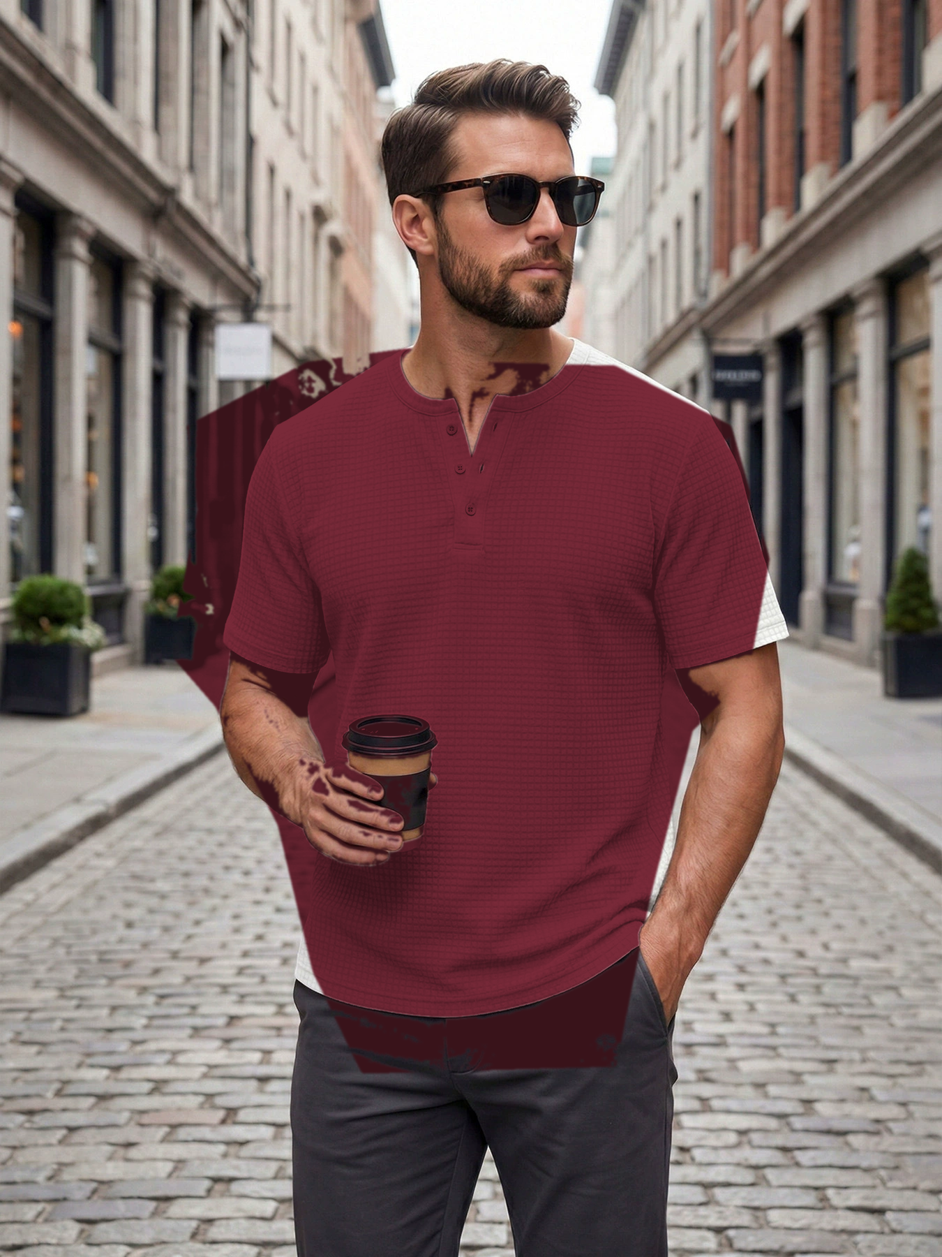 Burgundy men's waffle knit short sleeve henley tee