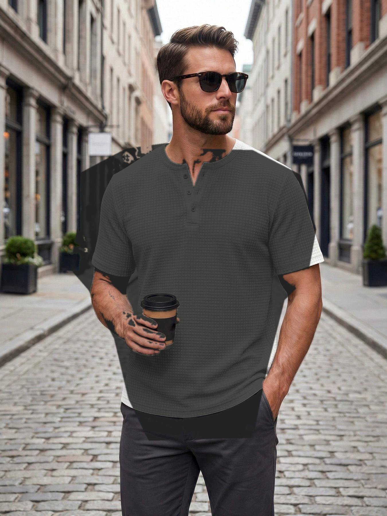 Charcoal men's waffle knit short sleeve henley tee