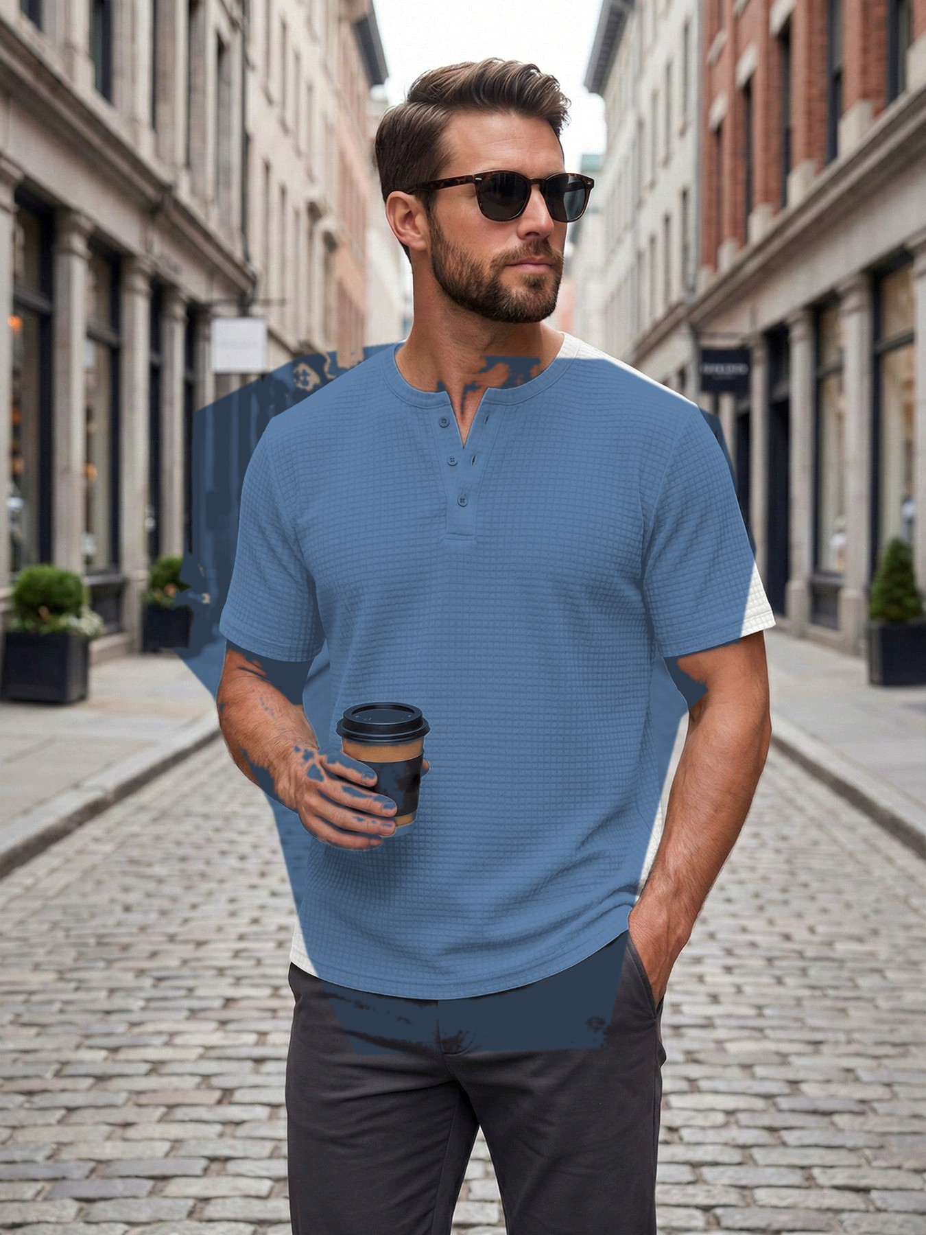 Dusty Blue men's waffle knit short sleeve henley tee