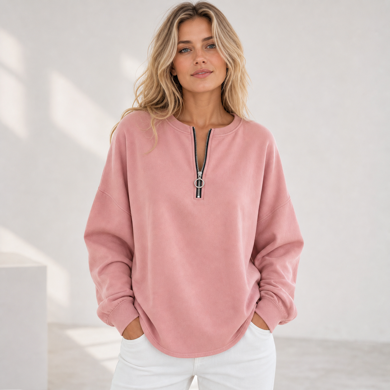 Dusty Rose women's oversized half zip pullover