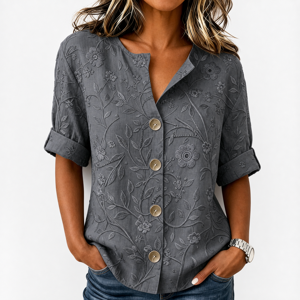 Gray women's embossed floral button shirt
