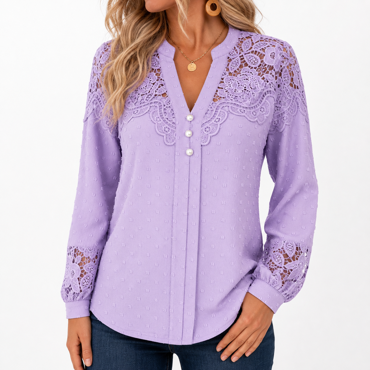 Lavender women's lace panel Swiss dot blouse