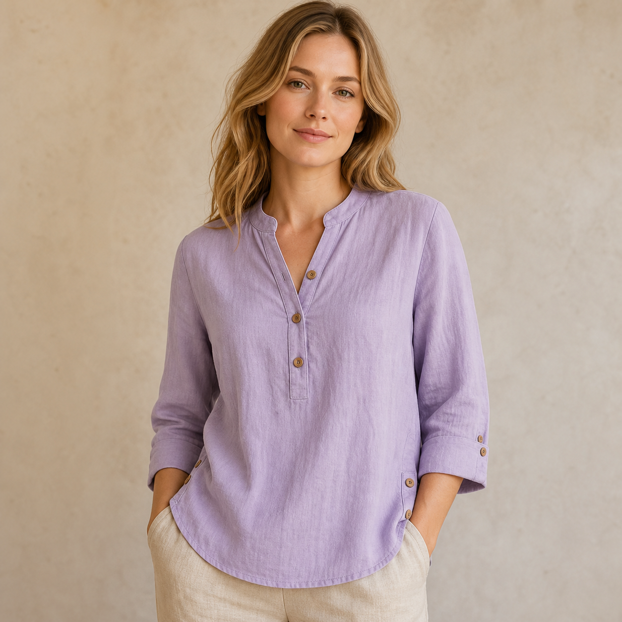 Lavender women's washed cotton linen band collar blouse