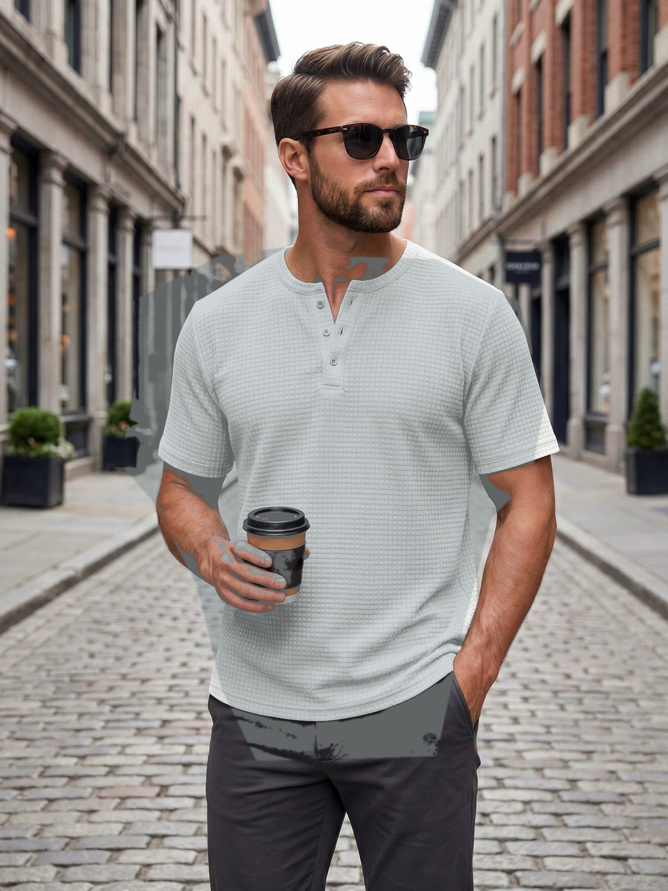 Light Gray men's waffle knit short sleeve henley tee
