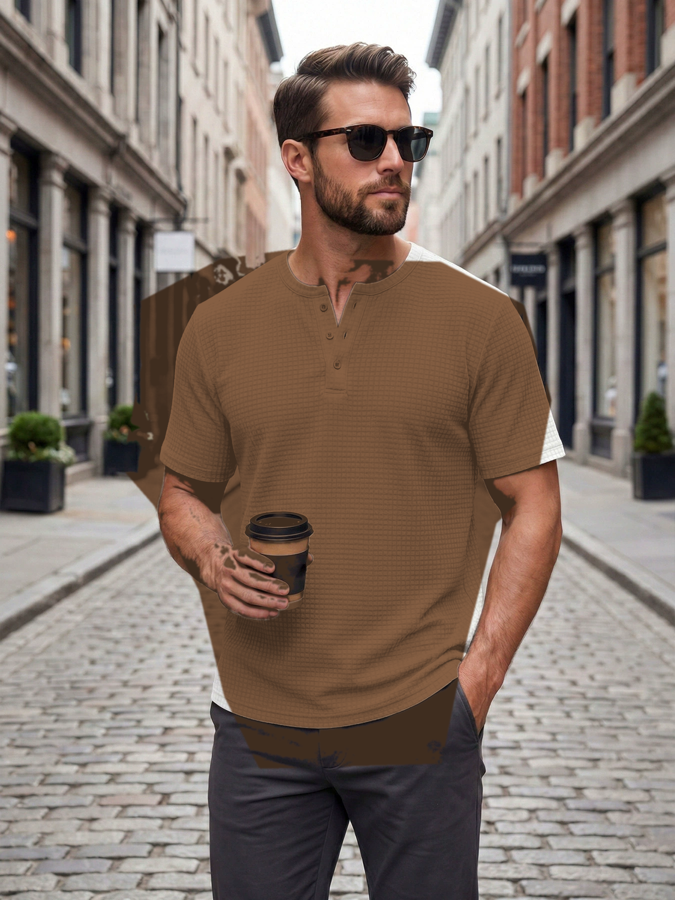 Mocha men's waffle knit short sleeve henley tee
